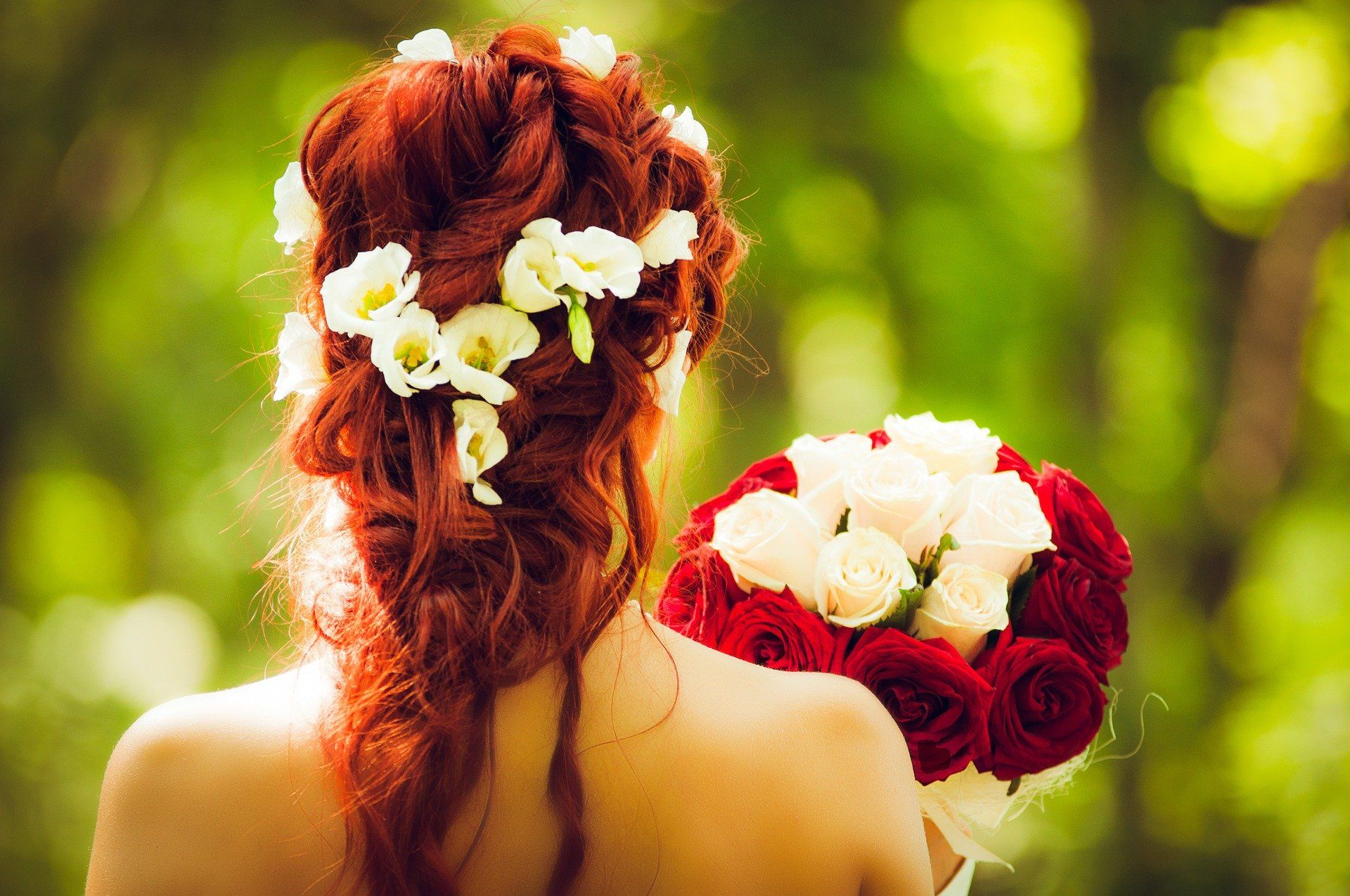 beautiful bride hair tresses red hair roses flowers romantic dream fairy forest flowers
