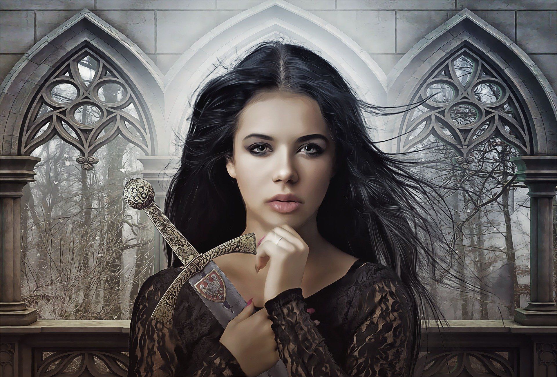 dark gothic lady sword emdieval long hair brunette castle monastery magic legend