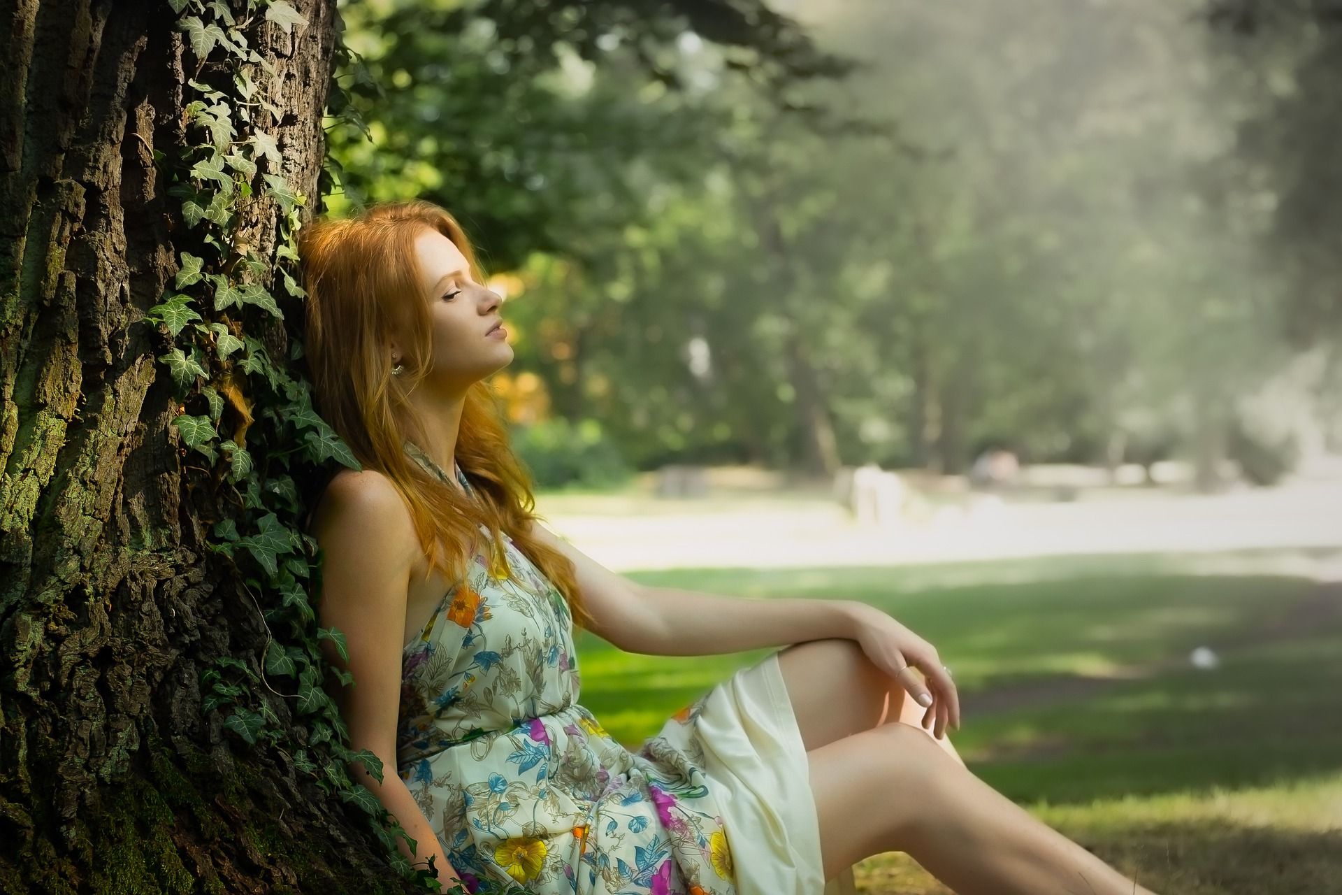 love dreamy fairytale forest woods flowers red hair girl dress trees